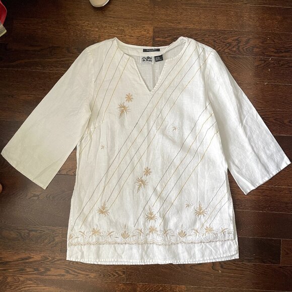 Autograph White 100% Irish Linen Tunic Blouse top withGold/Silver-MED - Picture 1 of 9